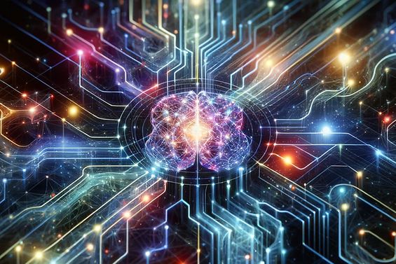 "Erstelle ein Bild von einem neuronalen Netz innerhalb einer KI, das darstellt, wie maschinelles Lernen funktioniert."